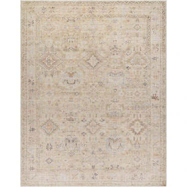 A beige and multicolor area rug with a vintage-inspired geometric pattern.